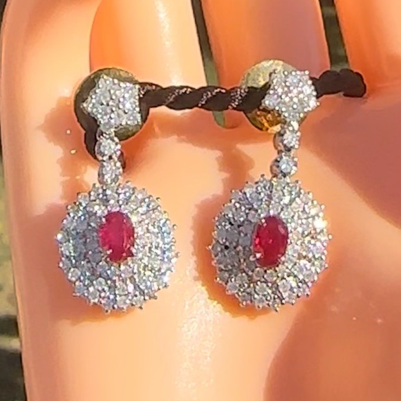 Natural Burmese Ruby and Diamond Earrings in 18 k solid gold ⭐️New⭐️ - Picture 1 of 12